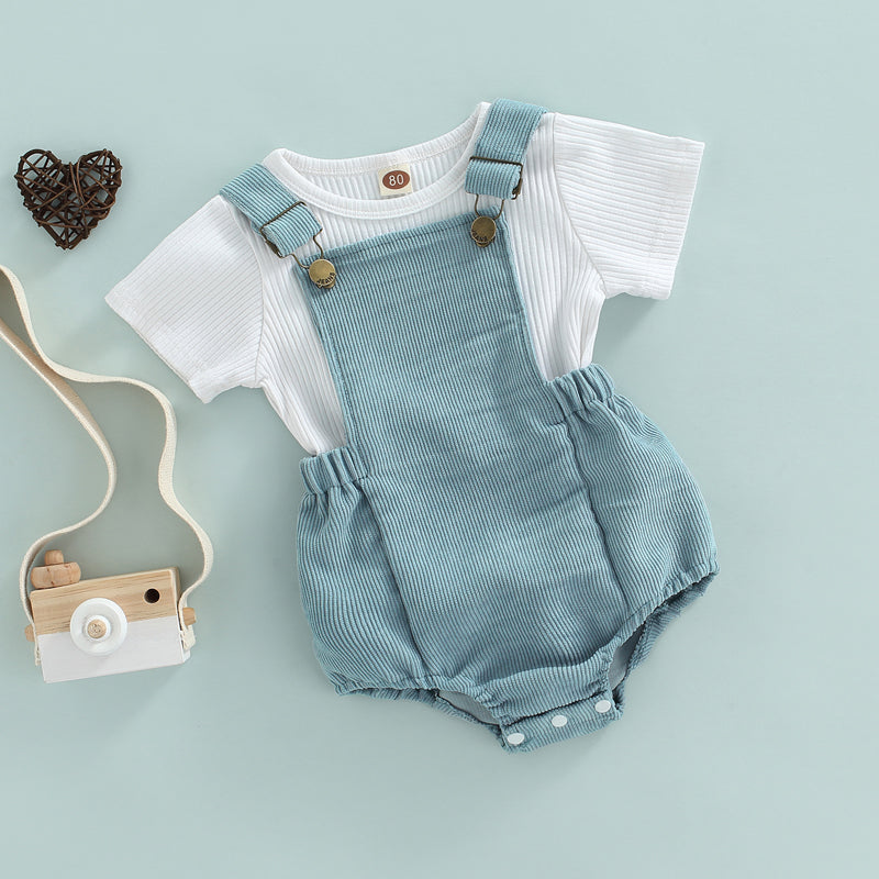 White T-shirt + Blue Romper Set Adjustable Straps 0-24 Months | KIDZADORA Baby Clothes