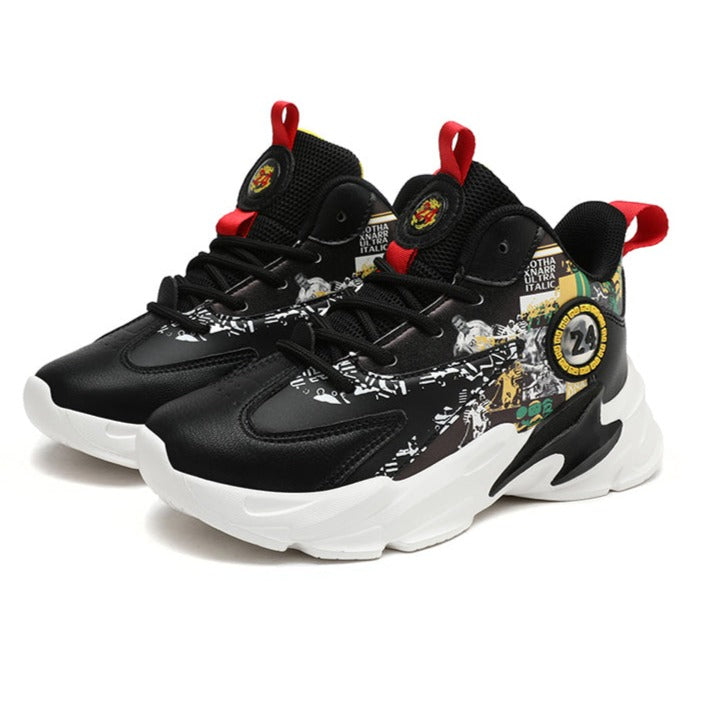 Children's Black Print Leather Sneakers/Trainers/Basketball Shoes | KIDZADORA Kids Footwear UK