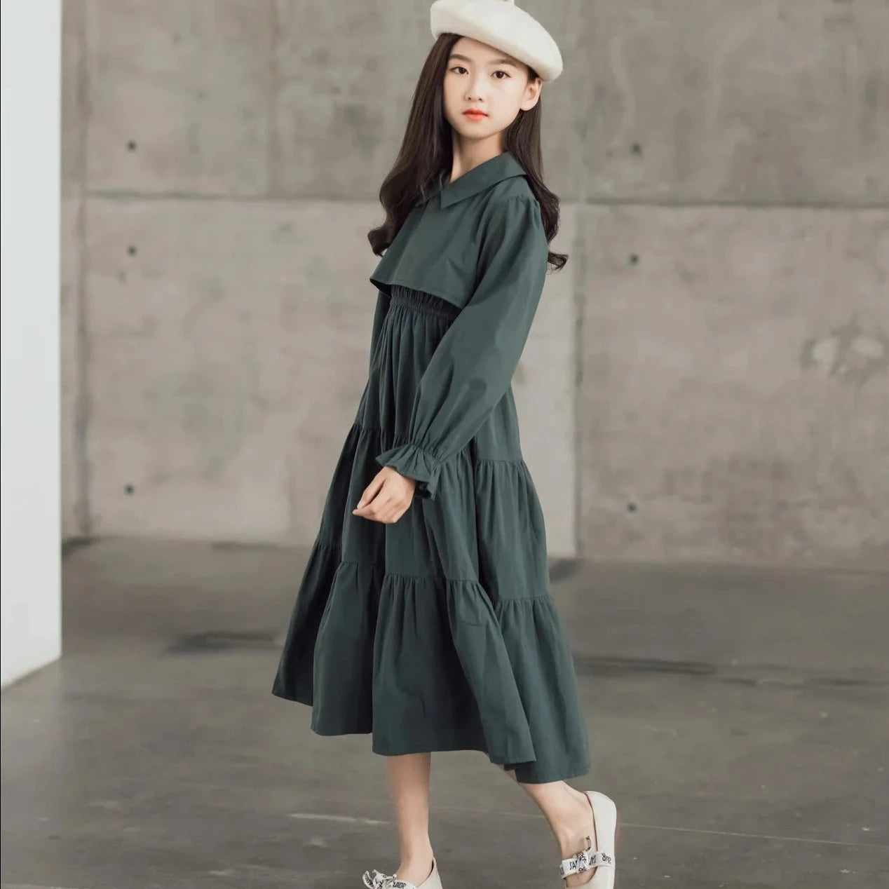 Girls Long Cotton Dress 8 14 Years Green 120cm