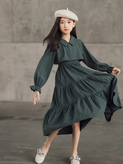 Girls, Teen, Long-Sleeved, Green Cotton, Dress | Girls Midi Dress | Girls Clothing at KIDZADORA | UK