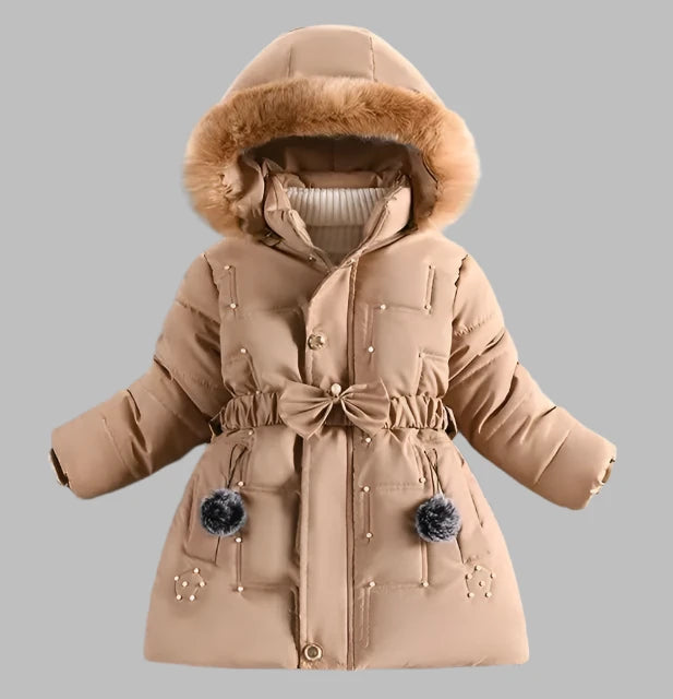 Girls Coat, Beige, Hooded, Padded, Winter Kids Outerwear, KIDZADORA Children's Clothing UK