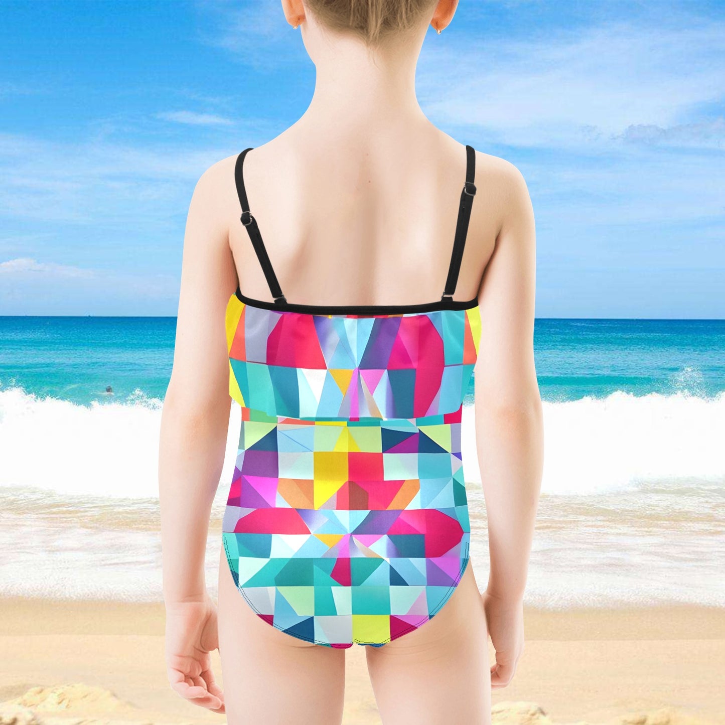 KIDZADORA UK Swimwear | Girls Multi-Colour Geometric Ruffle Swimming Costume | KIDZADORA Baby & Kids Fashion UK