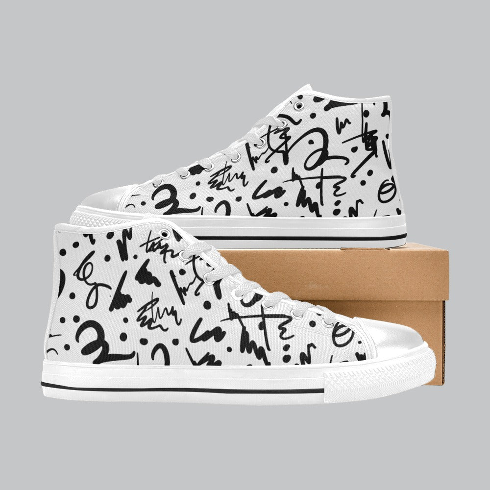 Aquila High Top Kids Canvas Shoe in White with Black Graffiti Design | Baseball Style Casual Kids Footwear | Kids Footwear | KIDZADORA Baby & Children's Clothing & Footwear