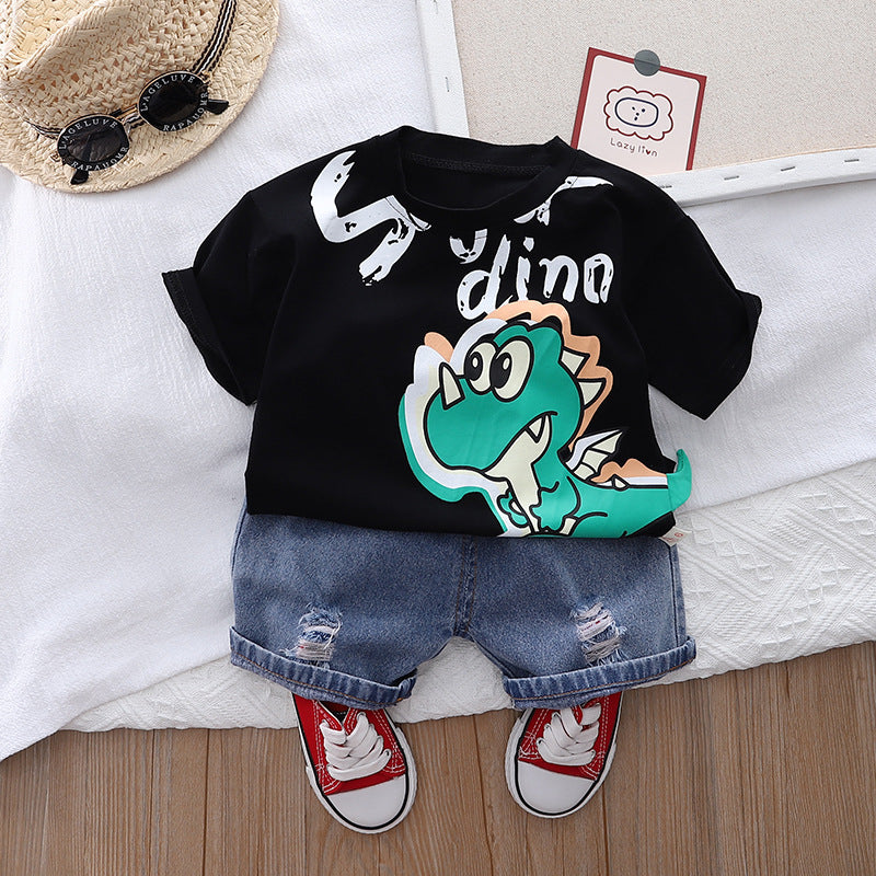 KIDZADORA Infant Clothing Black T-Shirt Dinosaur + Denim Short Set