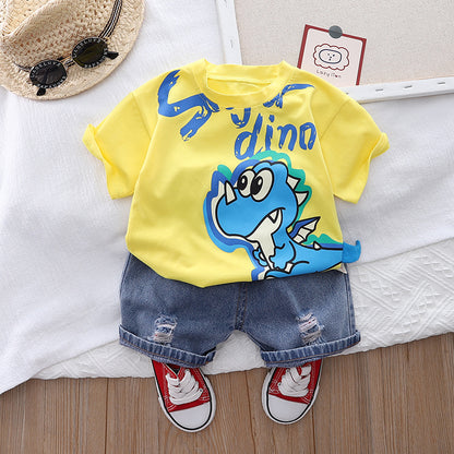 KIDZADORA Infant Clothing Yellow T-Shirt Dinosaur + Denim Short Set