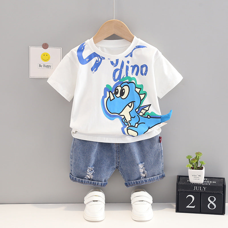 KIDZADORA Infant Clothing White T-Shirt Dinosaur + Denim Short Set