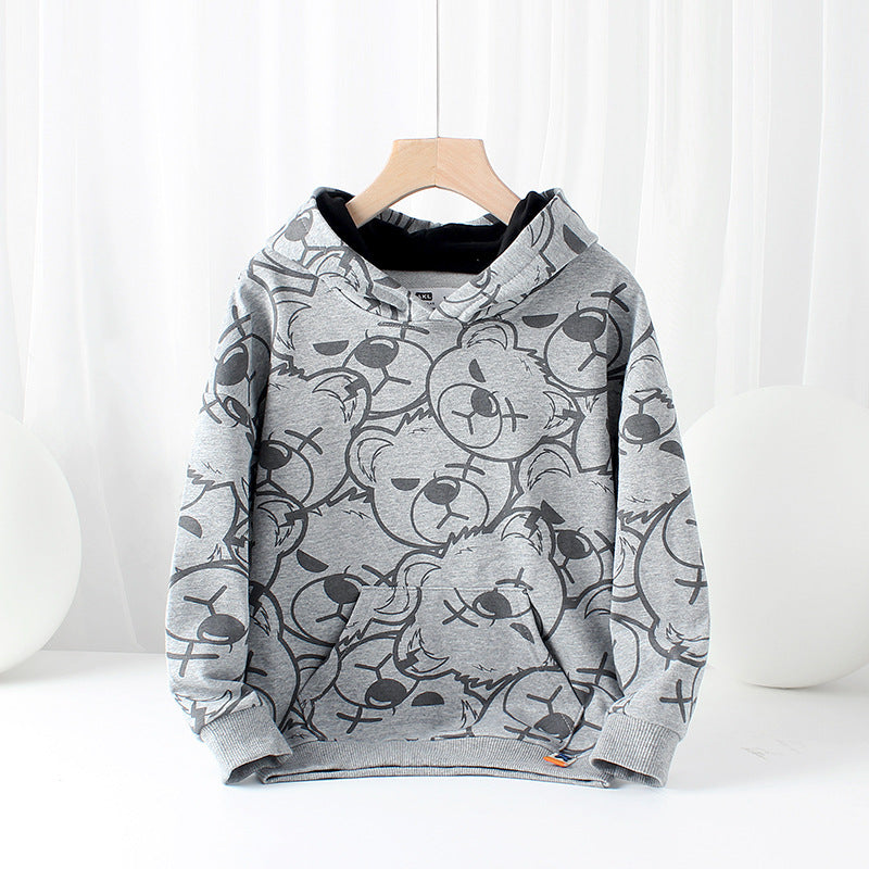 KIDZADORA UK | Kids Hoodie | Bear Print Hooded Grey Sweatshirt for Boys and Girls