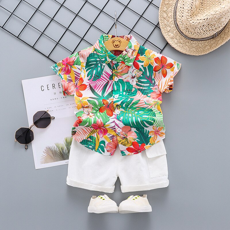 Boys Tropical Shirt | Boys White Shorts | Baby Boys 2pc Clothing Set | Toddler Shirt + Shorts Set | KIDZADORA Kids Clothes UK