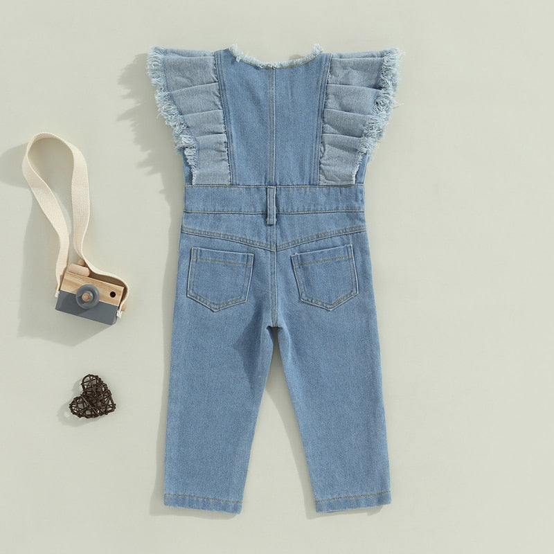 Girls Denim Jumpsuit | Toddler Denim Jumpsuit with Ruffles | Fly Sleeve | KIDZADORA Baby & Children's Clothing | London Kids Clothing | Essex Kids Clothes