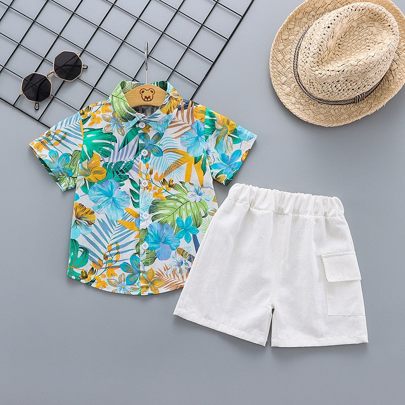 Baby Boys Clothing | Boys Tropical Shirt | Boys White Shorts | Baby Boys 2pc Clothing Set | Toddler Shirt + Shorts Set | KIDZADORA Kids Clothes UK