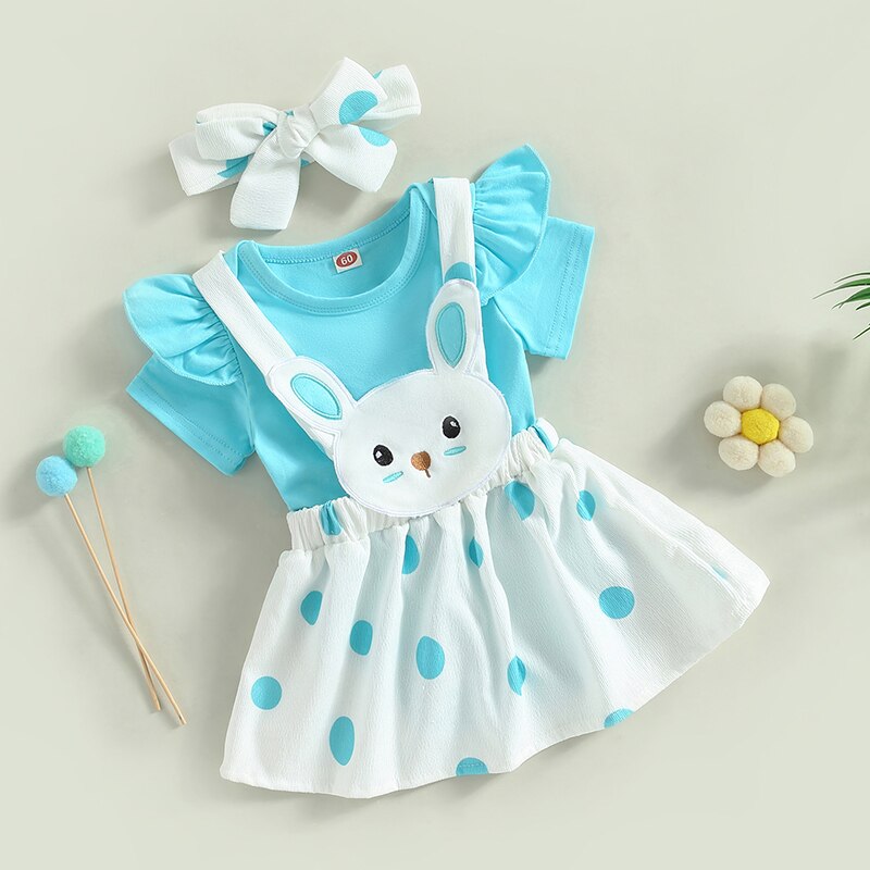 Baby Girl 3-piece clothing set | Baby & Toddler Blue Bodysuit + Overall Dress + Headband | KIDZADORA Baby Clothes UK