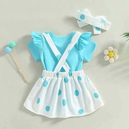 Baby Girl 3-piece clothing set  Blue Romper | Baby & Toddler Bodysuit + Overall Dress + Headband | KIDZADORA Baby Clothes UK