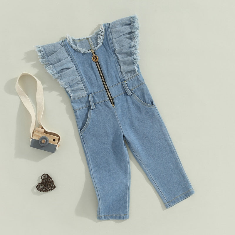 Girls Denim Jumpsuit Ruffles Fly Sleeve | KIDZADORA Baby & Children's Clothing | London Kids Clothing | Essex Kids Clothes